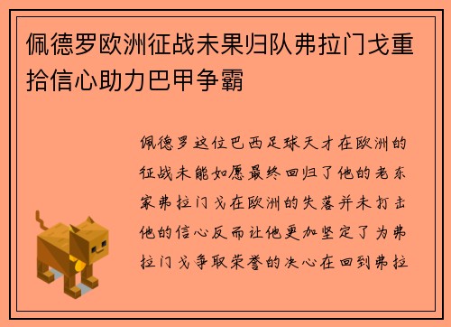 佩德罗欧洲征战未果归队弗拉门戈重拾信心助力巴甲争霸 佩德罗欧洲征战未果归队弗拉门戈重拾信心助力巴甲争霸